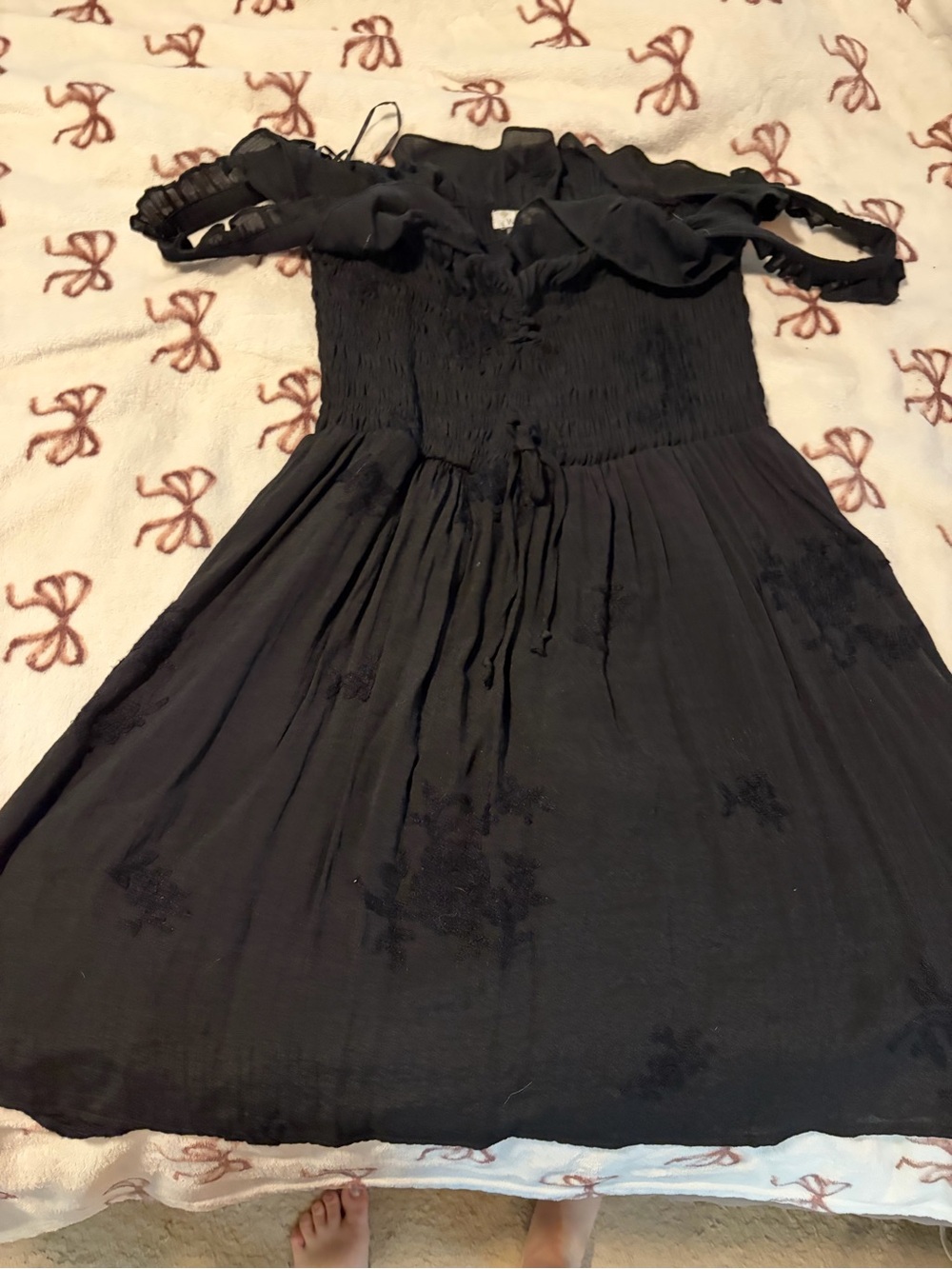Black Off-Shoulder Smocked Waist Midi Dress